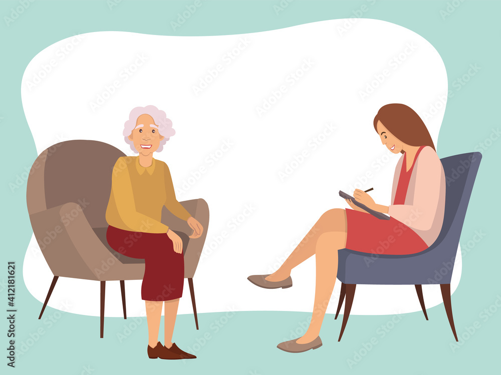 Patients at a reception at the psychotherapies. Elderly woman talking to psychotherapist or psychologist and answer questions. Female sits in a chair, listens and writes to the client s problems Patients at a reception at the psychotherapies. Elderly woman talking to psychotherapist or psychologist and answer questions. Female sits in a chair, listens and writes to the client s problems