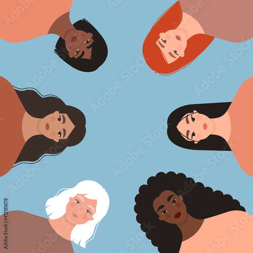 International Women’s Day, 8 March. Women diversity concept. Group of multiethnic female characters. Portraits of caucasian, asian, black, latina girls together. Isolated flat vector illustration