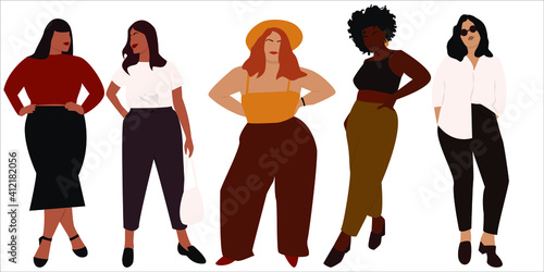 Vector illustration of bodypositive  women. Body positive movement and beauty diversity. A set of plus size women. Vector stock illustration isolated on white background. EPS 10