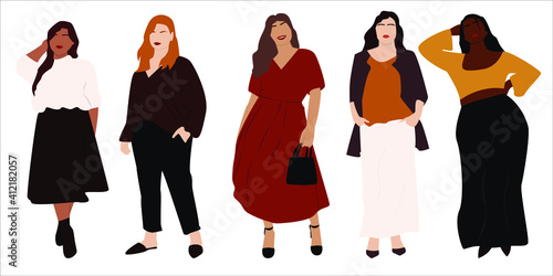 Vector illustration of bodypositive  women. Body positive movement and beauty diversity. A set of plus size women. Vector stock illustration isolated on white background. EPS 10