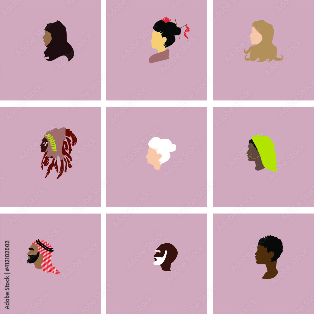 vector isolated objects on a multicolored background.people of different races. nationalities, gender and age.indian, Arab, European, African, Indian, Asian