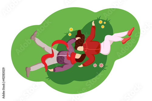 Guy kissing girl on grass top view. Young couple male and female in love lies and hugs tenderly. Man and woman gentle relationship relaxing outdoor on spring lawn. Spend time together illustration