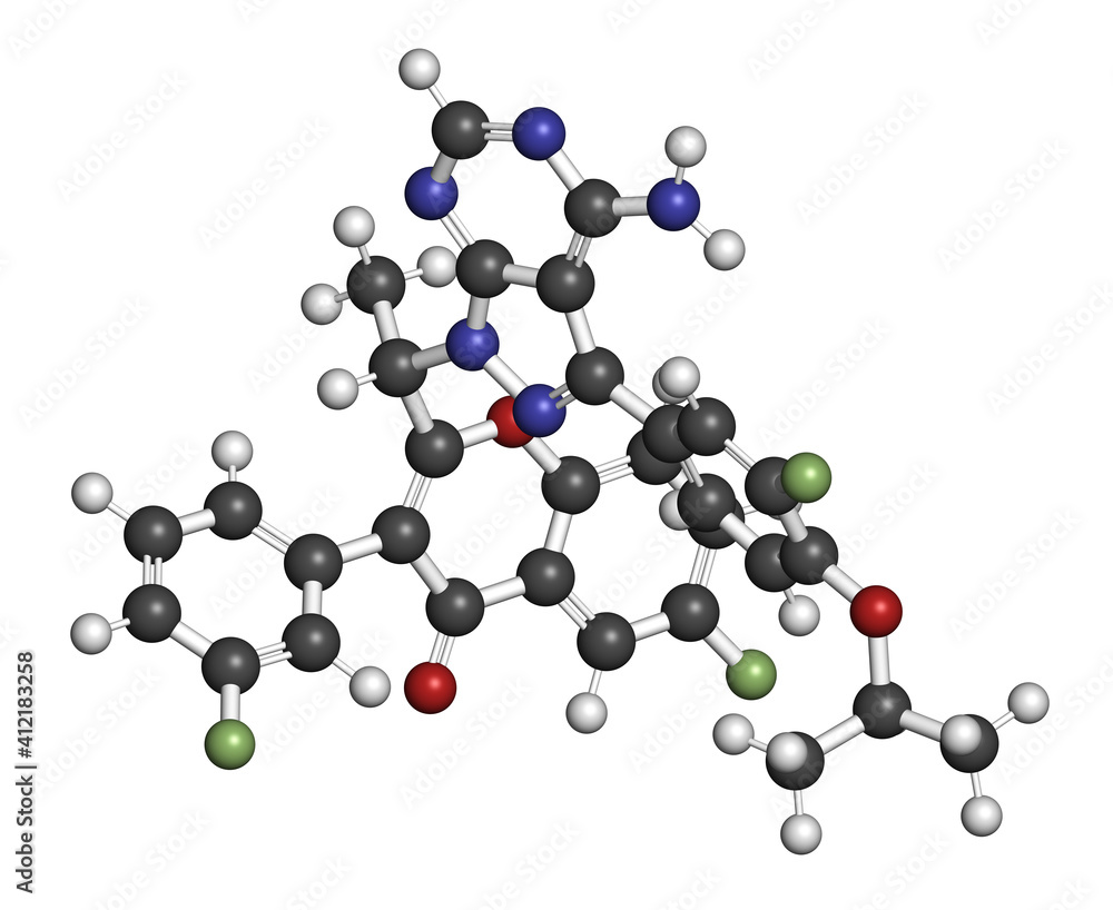 Umbralisib lymphoma drug molecule. 3D rendering. Atoms are represented as spheres with conventional color coding Umbralisib lymphoma drug molecule. 3D rendering. Atoms are represented as spheres with conventional color coding