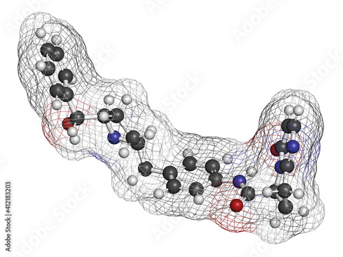 Vibegron drug molecule. 3D rendering. Atoms are represented as spheres with conventional color coding: hydrogen (white), carbon (grey), nitrogen (blue), oxygen (red). photo