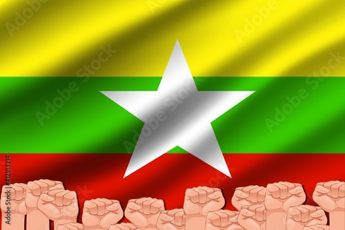Myanmar flag waving with hands holding. Myanmar military coup.   photo