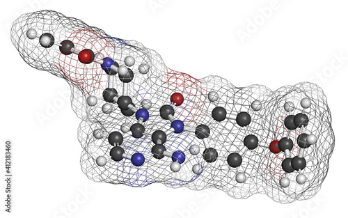 Tolebrutinib multiple sclerosis drug molecule. 3D rendering. Atoms are represented as spheres with conventional color coding: hydrogen (white), carbon (grey), nitrogen (blue), oxygen (red).