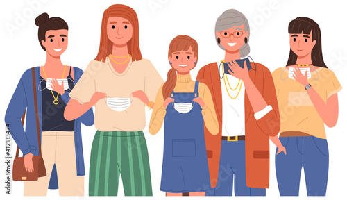 Women are taking off their protective masks and smile, vector illustration isolated on white background. People with protective masks in their hands. Self-isolation during coronavirus pandemic