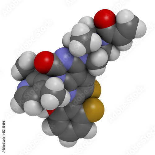 Sotorasib cancer drug molecule. 3D rendering. Atoms are represented as spheres with conventional color coding: hydrogen (white), carbon (grey), nitrogen (blue), oxygen (red), fluorine (gold). photo