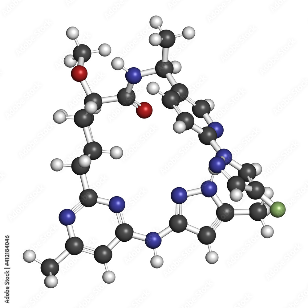 Pralsetinib cancer drug molecule. 3D rendering. Atoms are represented as spheres with conventional color coding: hydrogen (white), carbon (grey), nitrogen (blue), oxygen (red), fluorine (light green). Pralsetinib cancer drug molecule. 3D rendering. Atoms are represented as spheres with conventional color coding: hydrogen (white), carbon (grey), nitrogen (blue), oxygen (red), fluorine (light green).