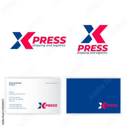 X-press logo (Express logo). Logistic and delivery company emblem. X monogram with arrow. Business card.