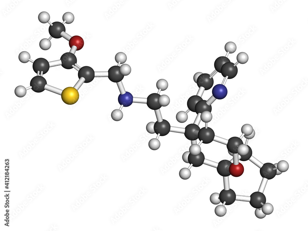 Oliceridine painkiller drug molecule. 3D rendering. Atoms are represented as spheres with conventional color coding: hydrogen (white), carbon (grey), nitrogen (blue), oxygen (red), sulfur (yellow). Oliceridine painkiller drug molecule. 3D rendering. Atoms are represented as spheres with conventional color coding: hydrogen (white), carbon (grey), nitrogen (blue), oxygen (red), sulfur (yellow).