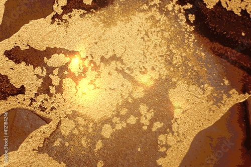 Abstract brown and gold marble texture with sparkles. Vector background in alcohol ink technique. Modern paint with glitter. Template for banner, poster design. Fluid art painting