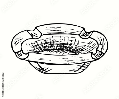 Hand drawn ashtray. Ink black and white drawing. Vector illustration