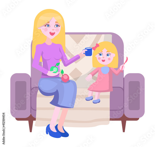 Mother gives the baby to drink from a cup. How to take care of the child flat vector illustration. A woman sitting on a couch next to daughter. Mom holds a handful of apples for a small child
