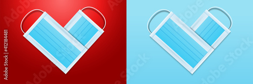 Valentine's Day and COVID-19 with Symbol of heart from medical mask on red background. COVID-19 Corona virus outbreaking and Love for Valentine's day. Vector illustration eps 10