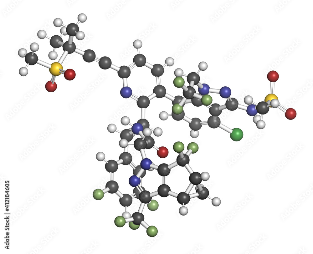 Lenacapavir antiviral drug molecule. 3D rendering. Atoms are represented as spheres with conventional color coding Lenacapavir antiviral drug molecule. 3D rendering. Atoms are represented as spheres with conventional color coding