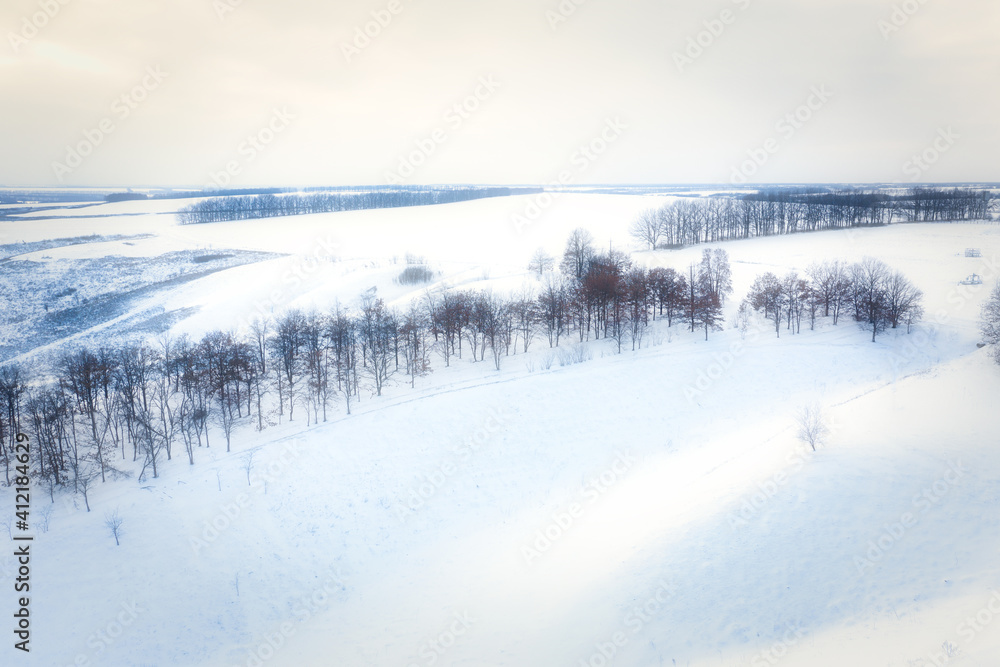 Winter landscape: hillsides covered with snow and trees with fields on the horizon on a winter day in freezing weather. White snowy hillsides with fields on the horizon. Winter landscape: hillsides covered with snow and trees with fields on the horizon on a winter day in freezing weather. White snowy hillsides with fields on the horizon.