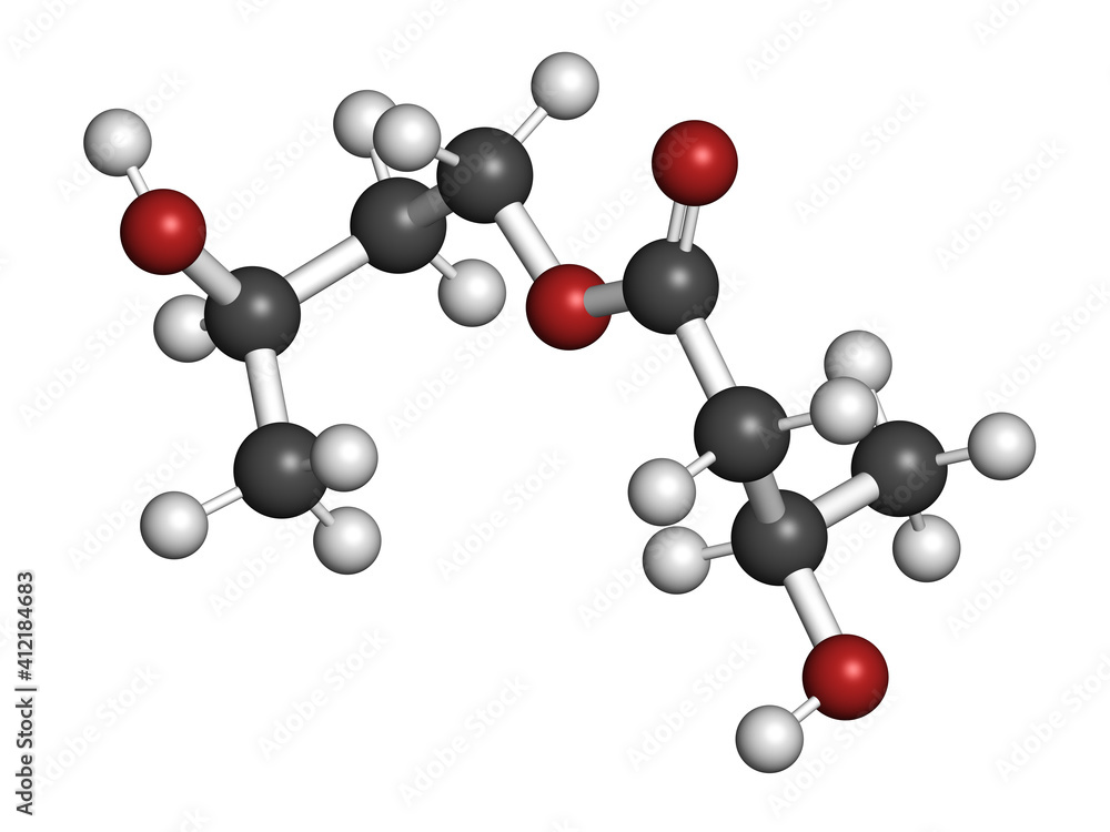 Ketone ester molecule. Present in drinks to induce ketosis. 3D rendering. Atoms are represented as spheres with conventional color coding: hydrogen (white), carbon (grey), oxygen (red).