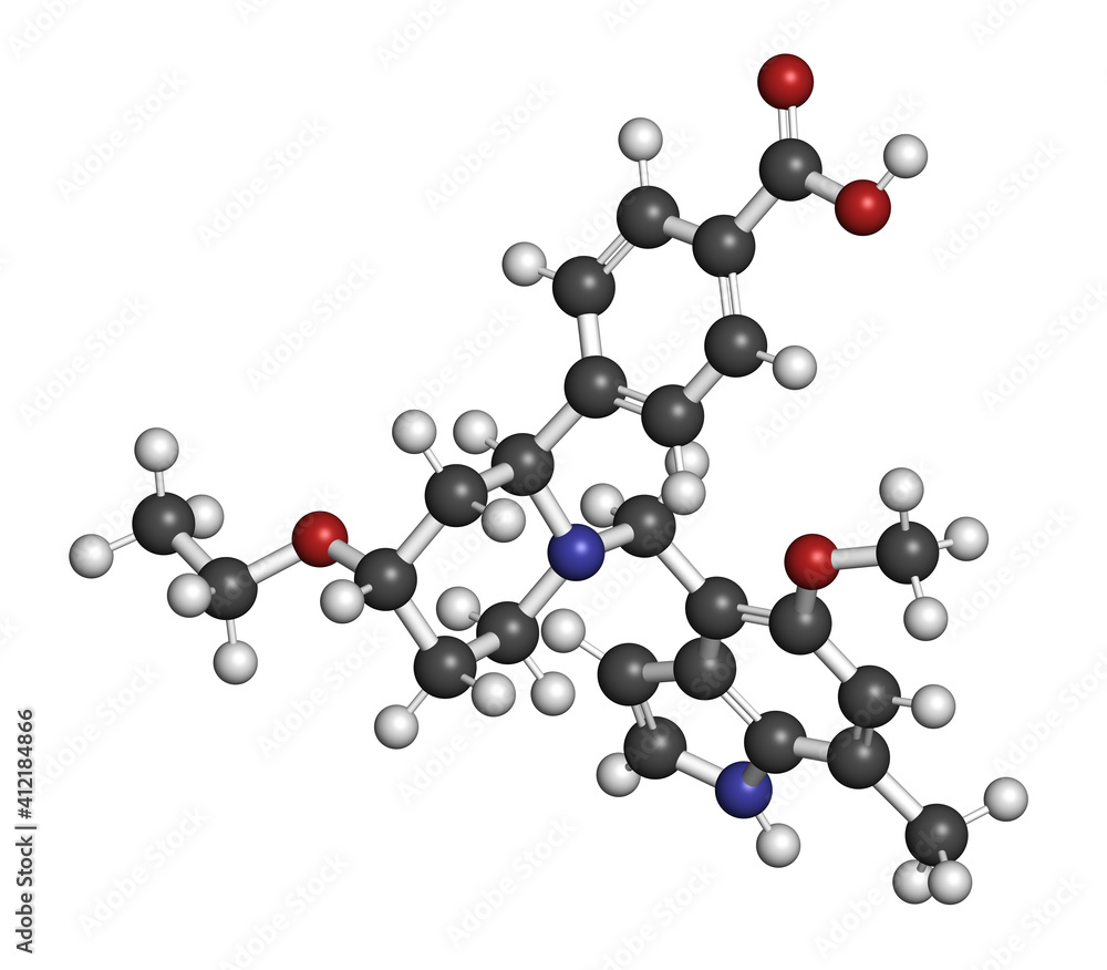 Iptacopan drug molecule. 3D rendering. Atoms are represented as spheres with conventional color coding: hydrogen (white), carbon (grey), nitrogen (blue), oxygen (red). Iptacopan drug molecule. 3D rendering. Atoms are represented as spheres with conventional color coding: hydrogen (white), carbon (grey), nitrogen (blue), oxygen (red).