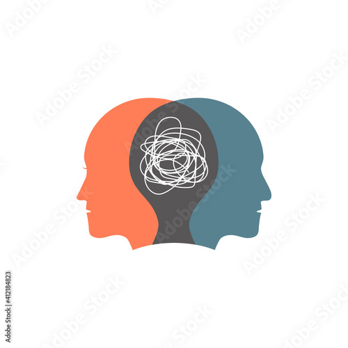 Two human heads solving a problem. Psychology icon concept isolated on white background. Vector illustration