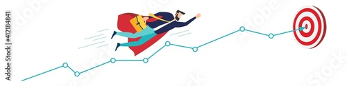 Leadership in business concept.The road to success. Business man character flying with a cloak. Arrow.achievement цели. motivation. EPS10 vector illustration.