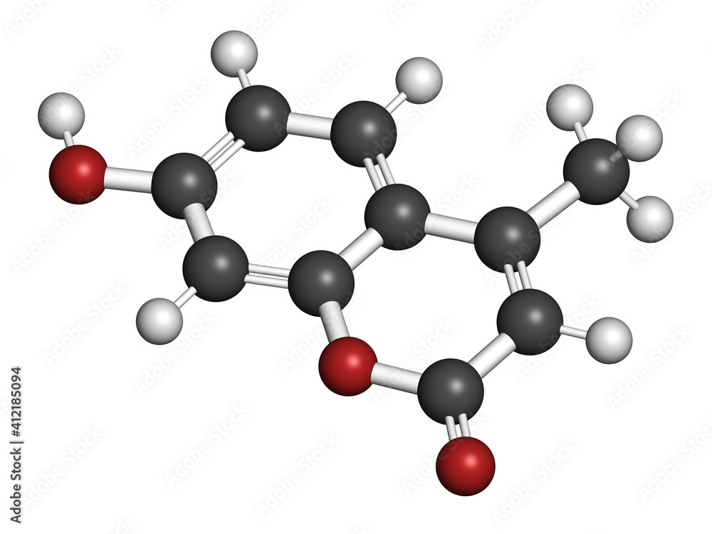 Hymecromone drug molecule. 3D rendering. Atoms are represented as spheres with conventional color coding: hydrogen (white), carbon (grey), oxygen (red).