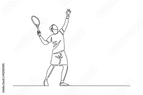 Continuous line drawing of man playing tennis tournament. Single one line art of Sport and healthy lifestyle. Vector illustration