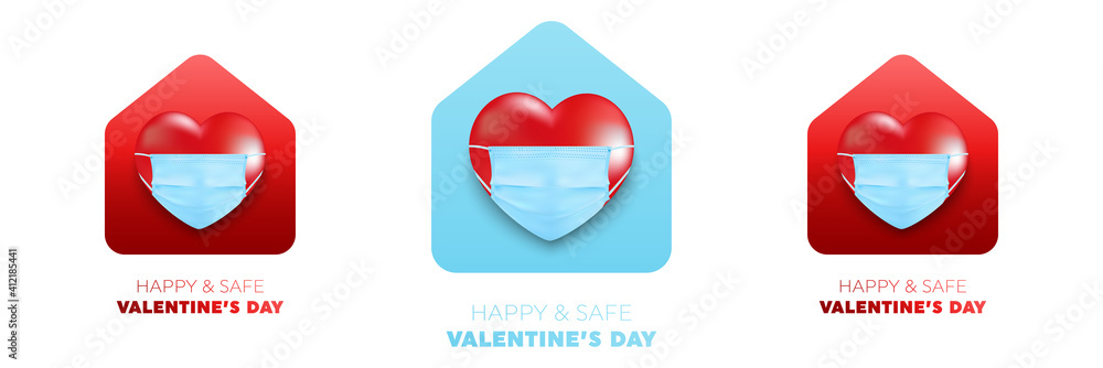 Valentine's Day and COVID-19 with Symbol of heart from medical mask on red background. COVID-19 Corona virus outbreaking and Love for Valentine's day. Vector illustration eps 10 Valentine's Day and COVID-19 with Symbol of heart from medical mask on red background. COVID-19 Corona virus outbreaking and Love for Valentine's day. Vector illustration eps 10
