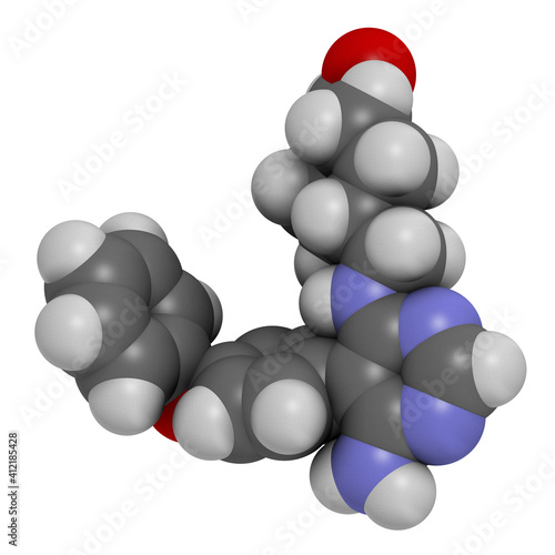 Evobrutinib drug molecule. 3D rendering. Atoms are represented as spheres with conventional color coding: hydrogen (white), carbon (grey), nitrogen (blue), oxygen (red). photo