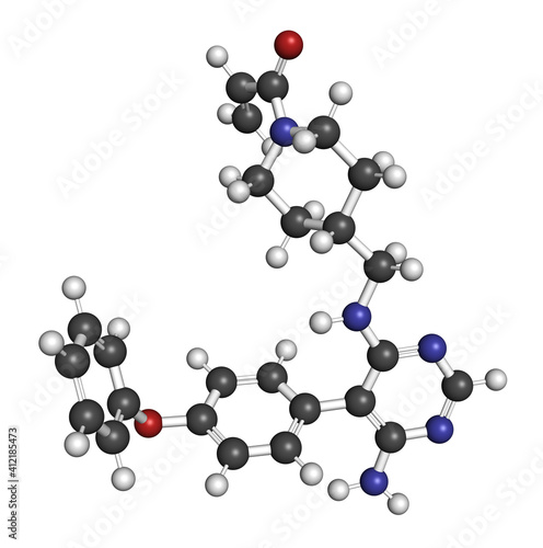 Evobrutinib drug molecule. 3D rendering. Atoms are represented as spheres with conventional color coding: hydrogen (white), carbon (grey), nitrogen (blue), oxygen (red).