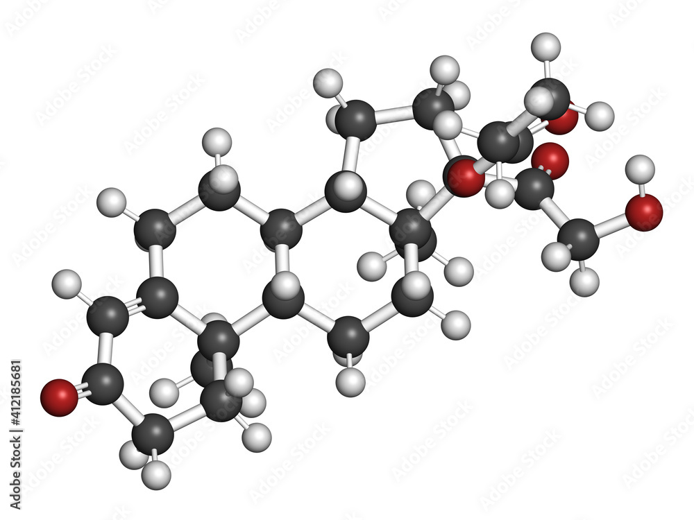 Clascoterone drug molecule. 3D rendering. Atoms are represented as spheres with conventional color coding: hydrogen (white), carbon (grey), oxygen (red).