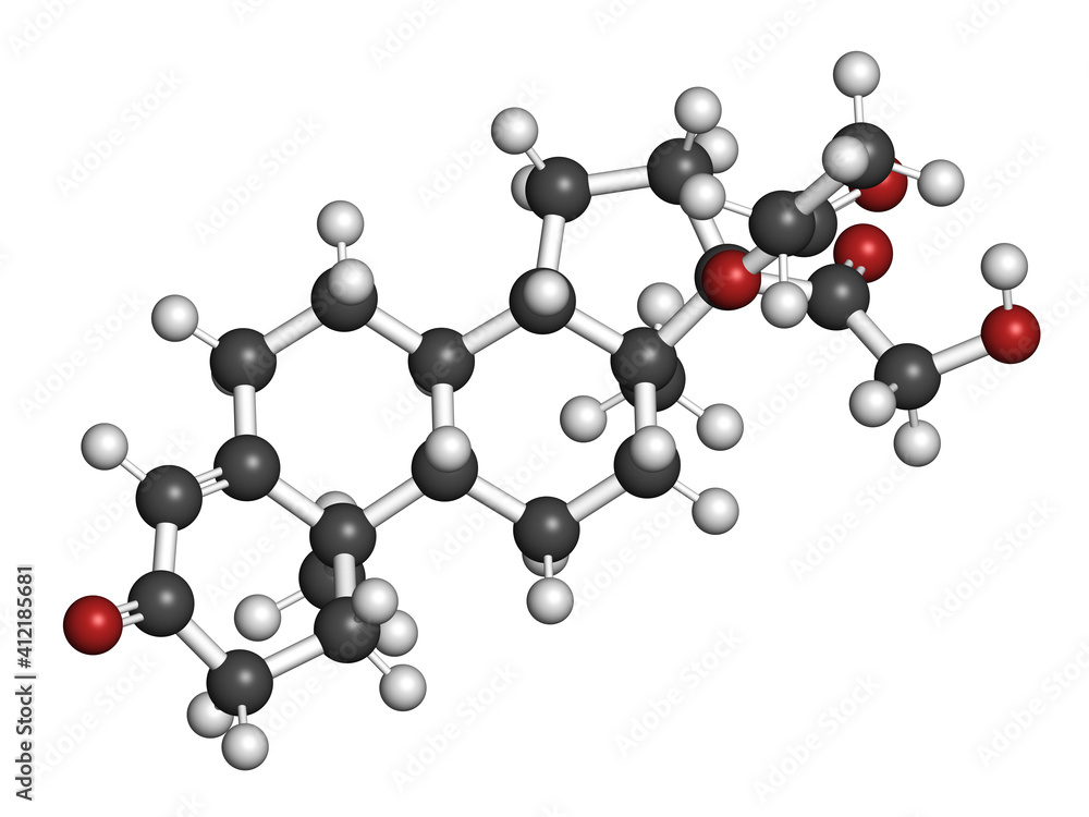 Clascoterone drug molecule. 3D rendering. Atoms are represented as spheres with conventional color coding: hydrogen (white), carbon (grey), oxygen (red). Clascoterone drug molecule. 3D rendering. Atoms are represented as spheres with conventional color coding: hydrogen (white), carbon (grey), oxygen (red).