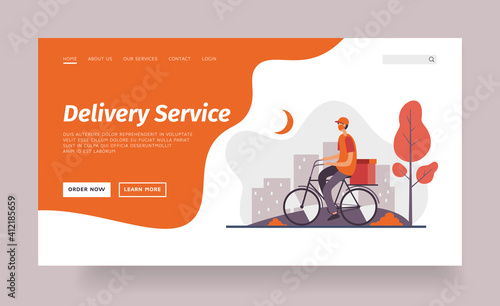 Delivery worker riding bicycle in city late at night. Banner template