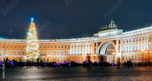 Dvortsovaya Square or Palace Square in St. Petersburg with a Christmas tree. Long exposure.