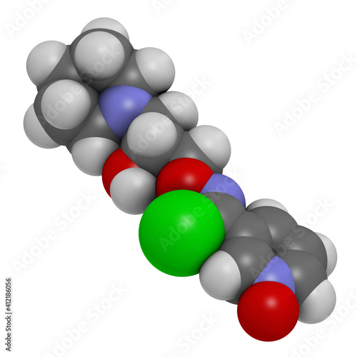 Arimoclomol drug molecule. 3D rendering. Atoms are represented as spheres with conventional color coding  hydrogen  white   carbon  grey   nitrogen  blue   oxygen  red   chlorine  green .
