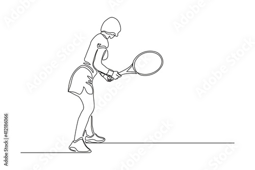 Continuous line drawing of woman playing tennis tournament. Single one line art of Sport and healthy lifestyle. Vector illustration