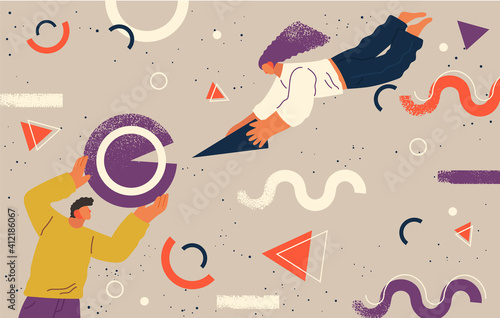People flying in abstract imaginary space organizing geometric shapes. Group of young men collecting figures. Teamwork and team building organization concept. Coworking and business partnership