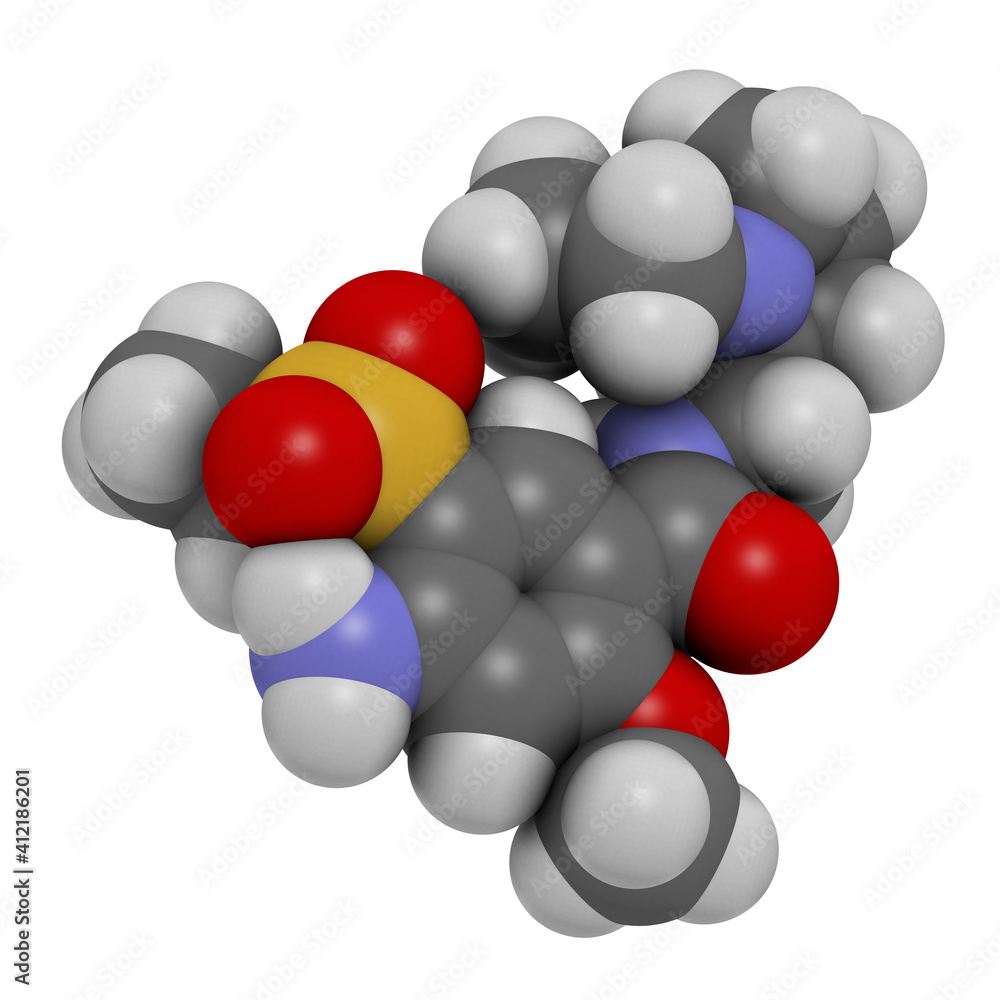 Amisulpride drug molecule. 3D rendering. Atoms are represented as spheres with conventional color coding: hydrogen (white), carbon (grey), nitrogen (blue), oxygen (red), sulfur (yellow).