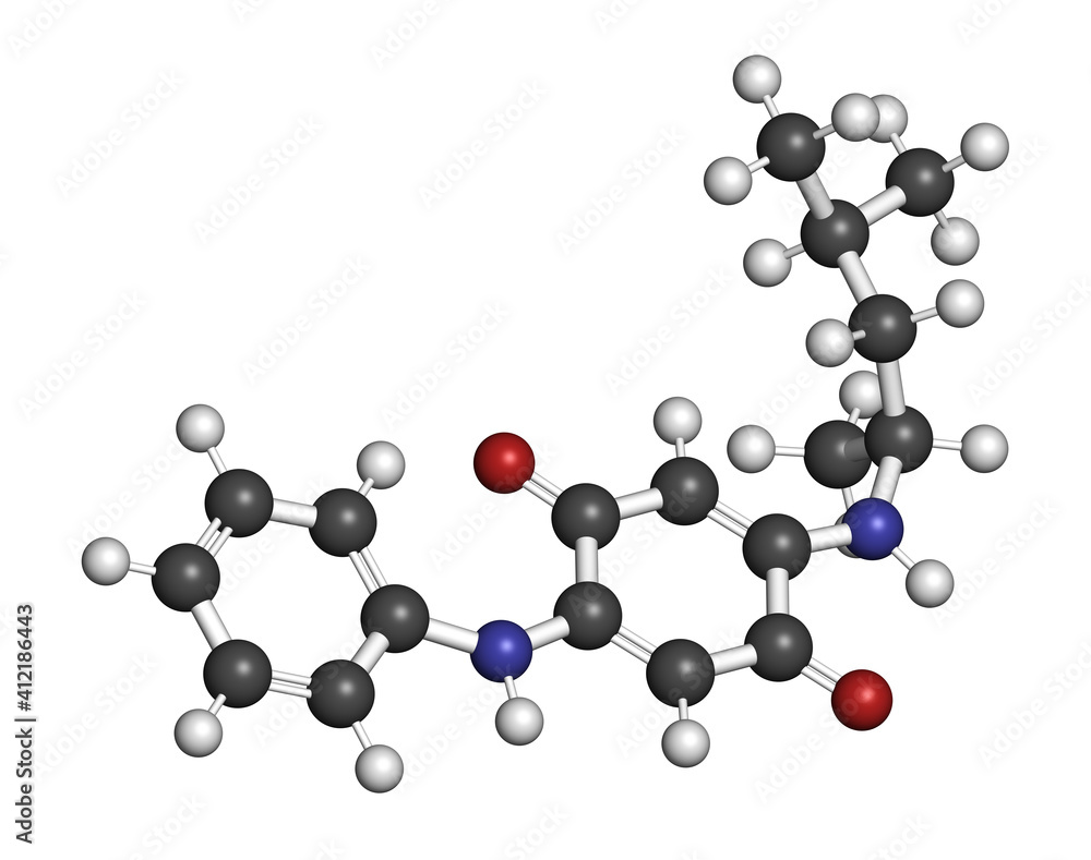 6PPD-quinone, degradation product of the rubber additive 6PPD. Toxic to salmon. 3D rendering. Atoms are represented as spheres with conventional color coding: hydrogen (white), carbon (grey), etc 6PPD-quinone, degradation product of the rubber additive 6PPD. Toxic to salmon. 3D rendering. Atoms are represented as spheres with conventional color coding: hydrogen (white), carbon (grey), etc