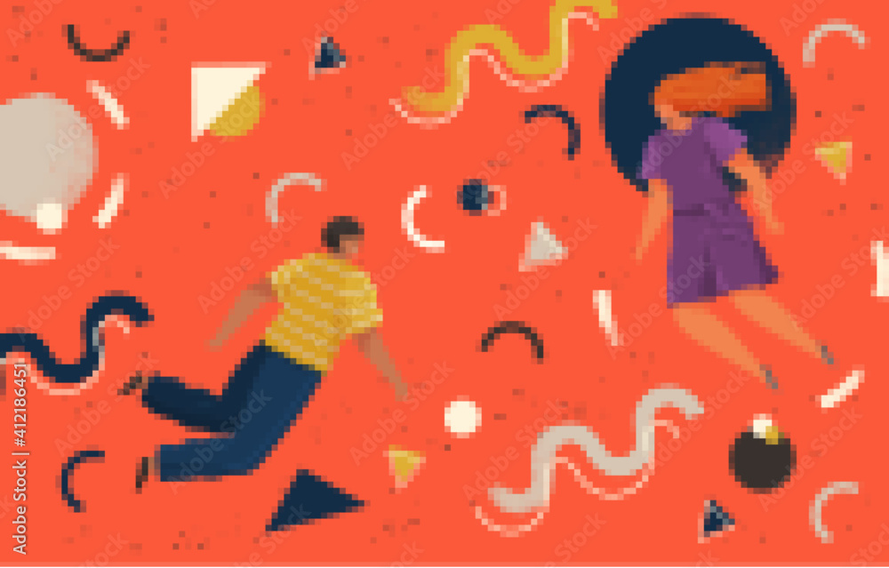 People flying in abstract imaginary space organizing geometric shapes. Young man and woman collecting figures. Teamwork and team building organization concept. Coworking and business partnership People flying in abstract imaginary space organizing geometric shapes. Young man and woman collecting figures. Teamwork and team building organization concept. Coworking and business partnership
