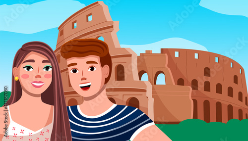 Boy and girl on the background of the coliseum. Young couple travel italy, visit architectural monuments. Happy smiling tourists man and woman stand near historical landmark of italy amphitheater