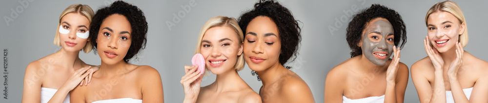 Collage of multiethnic women using eye patches, facial masks and silicone cleanser isolated on grey, banner Collage of multiethnic women using eye patches, facial masks and silicone cleanser isolated on grey, banner