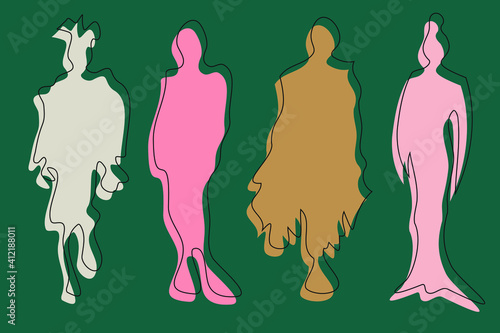 Abstract silhouettes of females in flat and minimal style. Cartoon faceless characters in simple and colorful representation. Muted tones. Fictional fashion models posing in different clothes.  