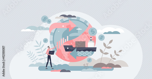 Trade global as worldwide cargo sea container shipping tiny person concept