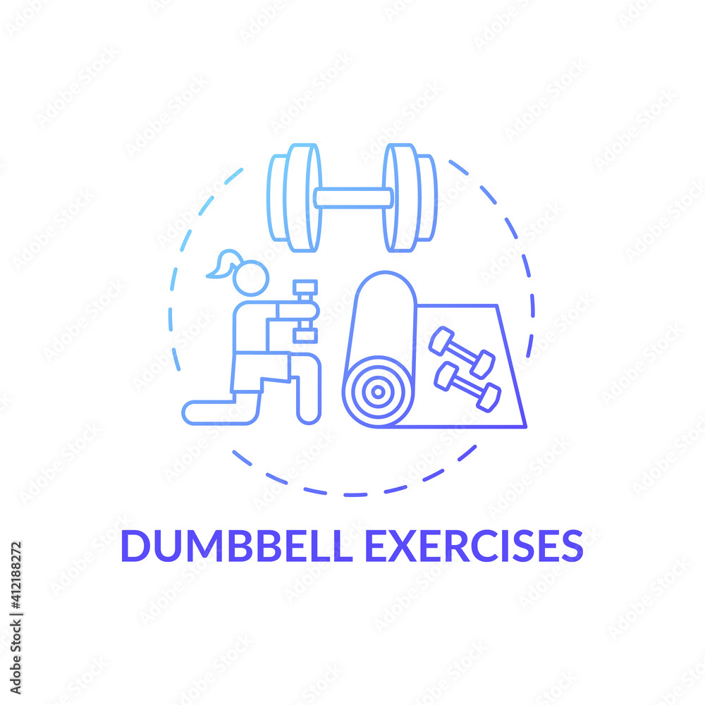Dumbbell exercises concept icon. At-home workout session idea thin line illustration. Strength training. Boosting your self-esteem. Creating aerobic workouts. Vector isolated outline RGB color drawing