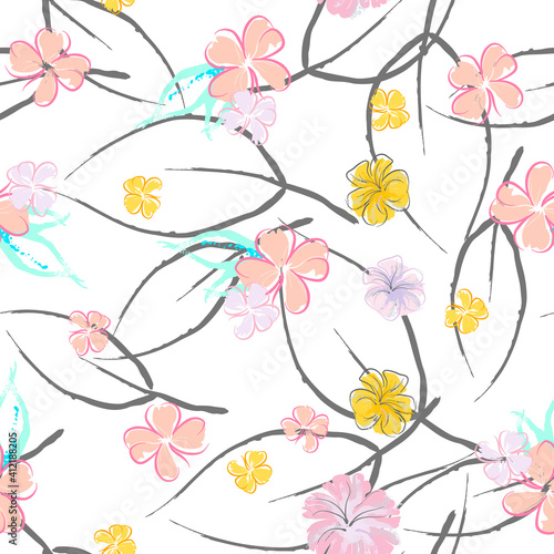 Pink Flowers Blooming Pattern. Pastel Watercolor.