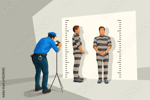 policeman taking mugshot of thieves at wall