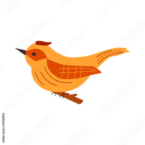 Cute bird is sitting on a branch. Colorful hand drawn vector isolated illustration in doodle style
