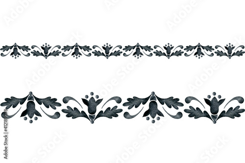 Dark gray seamless ornament: flowers and leaves. Hand drawn watercolor elements. Horizontal floral borders isolated on a white background. Decorative tape design