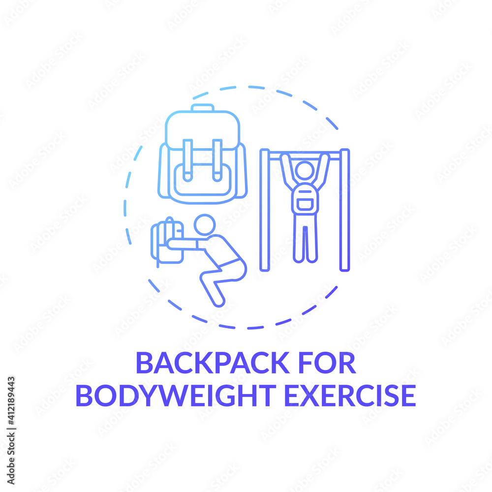 Backpack for bodyweight exercise concept icon. Gym training alternative idea thin line illustration. Flexibility, balance. Heart-pumping, strengthening. Vector isolated outline RGB color drawing Backpack for bodyweight exercise concept icon. Gym training alternative idea thin line illustration. Flexibility, balance. Heart-pumping, strengthening. Vector isolated outline RGB color drawing